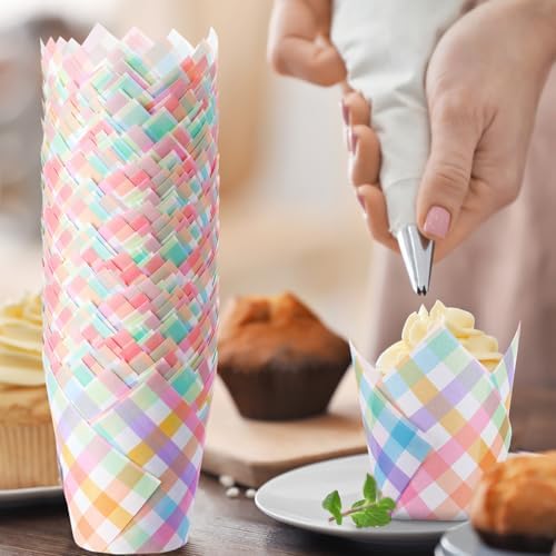 Maxdot 200 Pcs Easter Plaid Tulip Cupcake Liners for Baking Pastel Plaid Paper Muffin Baking Cups Spring Gingham Tulip Muffin Liners Wrappers for Easter Baby Shower Wedding Birthday Party Supply