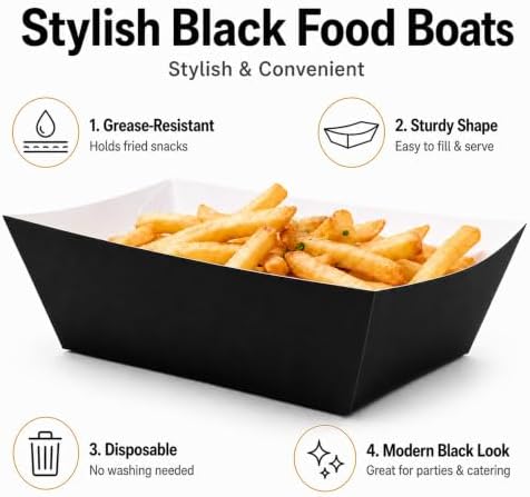 100 Pcs Black Paper Food Trays, Pre-Folded Disposable Food Boats for Popcorn, Candy, Fries, Nachos, Snacks, Black Party Serving Trays for Birthday, Movie Night, Halloween, BBQ Supplies