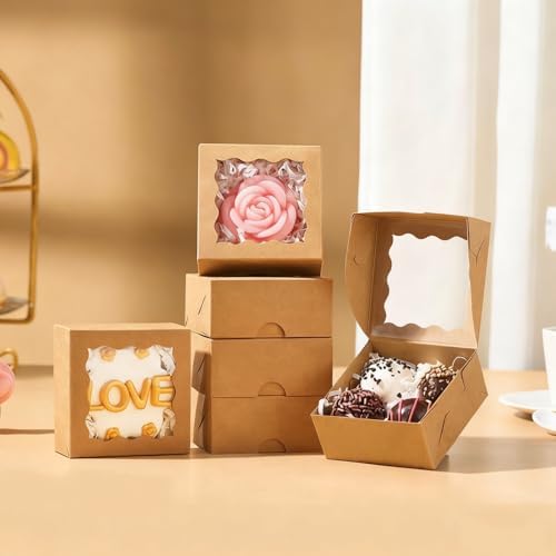 3.2x3.2x1.5 Inches 50PCS Mini Bakery Boxes with Window for Cookies, Soap, Chocolate Truffle, Donut, Macaron(Brown)