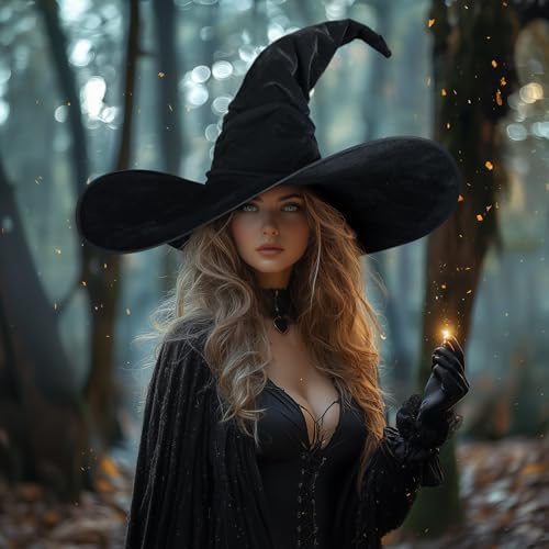 UQJE Ruched Witch Hat for Women, Large Halloween Costume Hat