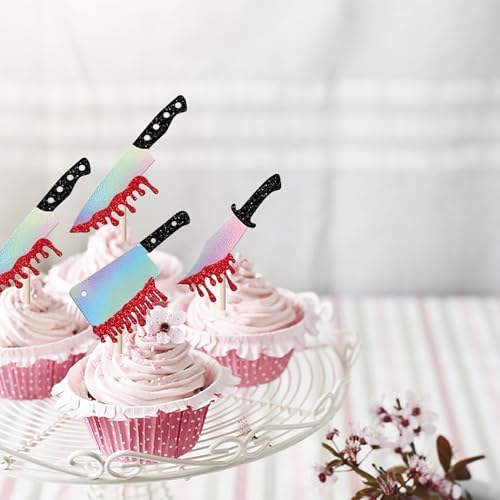 30 Pack Halloween Knife Cupcake Toppers Glitter Scary Bloody Knife Cupcake Picks Killer Birthday Cake Decorations for Happy Halloween Baby Shower Party Supplies