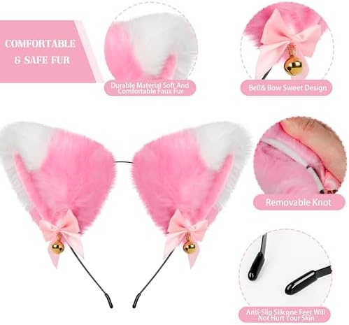 Cat Ears and Tail,Wolf Fox Ears Long Tail and Bell Lace Choker Set for Halloween,Animal Cosplay Party Costume