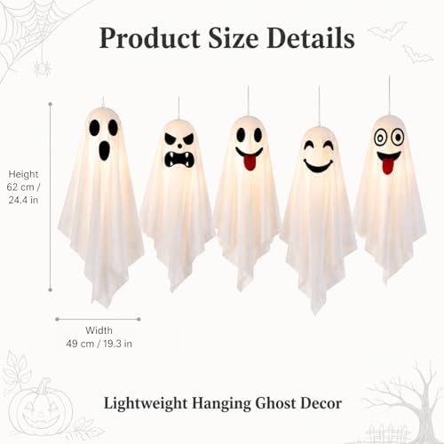 5 Pcs LED Light Up Hanging Ghosts, 24.4 Inch Halloween Outdoor Decor