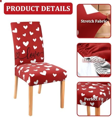 Valentines Day Chair Covers Set of 4, Valentines Decorations Stretch Removable Washable Dining Room Love Hearts Gnome Chair Protector Slipcovers Party Kitchen Home Valentine Decor (Valentine 1, 4 PCS)