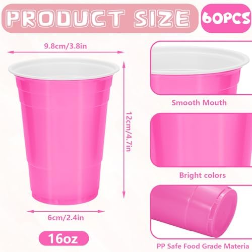 Whaline 60 Pcs Valentine's Day Plastic Cups 16 Oz Drinking Cups Pink Red Disposable Cup for Wedding Birthday Strawberry Cherry Party Supplies