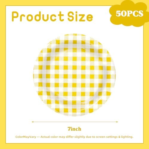 Vyntra 50 Pcs Yellow Gingham 7 Inch Round Paper Dessert Plates