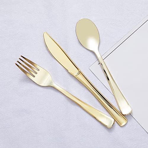 N9R 100PCS Gold Plastic Silverware, Heavy Duty Disposable Utensils/Cutlery