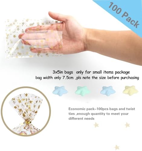 100 Pcs Star Printed 3"X 5"（7.5X12.7cm) Gift Wrap Cello Cellophane Treat Bags Party Favor bags Clear Candy Cookie Bags Plastic Poly Goodie Storage Bags with Twist Ties for Bakery,Birthday, Wedding ,Party Decorations (Gold)