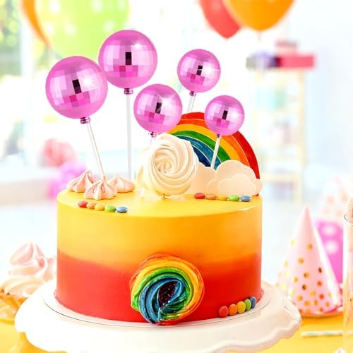 ASTARON 20 Pcs Pink Disco Balls Cake Topper Decorations for Birthday Cake