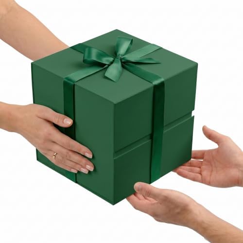 LIFELUM Dark Green Gift Box for Christmas with Magnetic Lid, 8.6"x8.6"x8.6"