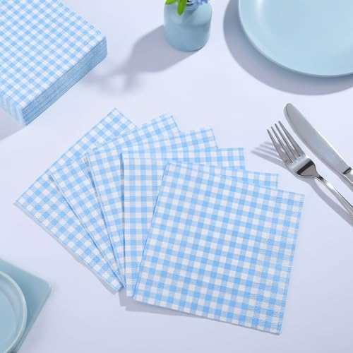 NatNarr 80 Pk Gingham Napkins Light Blue Napkins Disposable, 6.5"