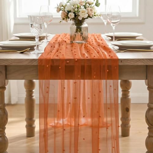 Artoid Mode Pearl Terrcotta Gauze Table Runner 10FT Home Decor