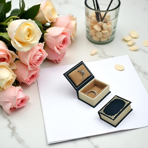 Book Shaped Ring Box - Vintage Engagement Ring Box with Hinged Lid for Proposal Engagement Wedding, Proposal Ring Case-PRB012-Blue