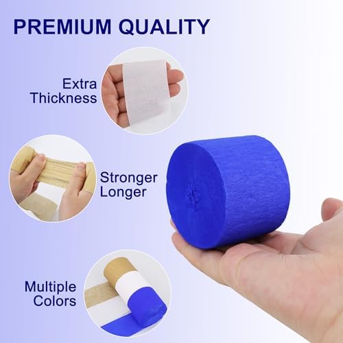BEISHIDA 6 Rolls Blue Gold White Crepe Paper Streamers for Graduation Retirement Prom Anniversary Bridal Shower Men Birthday Celebration Party Decorations, piñatas DIY Craft Paper (492 Ft)