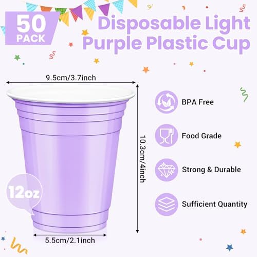 50 Pcs Light purple Plastic Cups, 12 oz Disposable Cups for Party