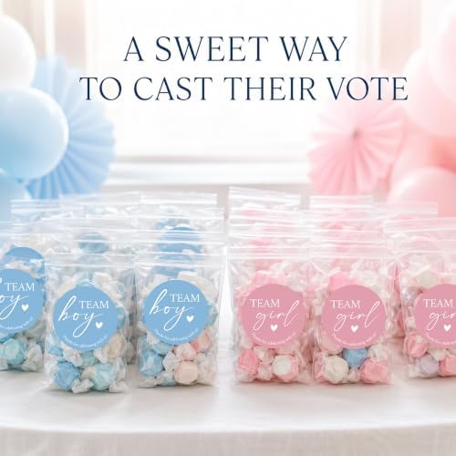Gender Reveal Party Favor Bags, 120 Team Boy or Girl Stickers and 120 Clear Treat Bags, 1.6 Inch Pink and Blue Labels for Candy, Snacks and Baby Shower Decorations
