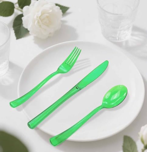 HEIPINIUYE 75 Pack Green Clear Plastic Cutlery Heavy Duty Clear Green Plastic Knives Forks and Spoons Disposable Silverware Set for 25 Guest Camping Birthday Baby Shower Party Utensil Set