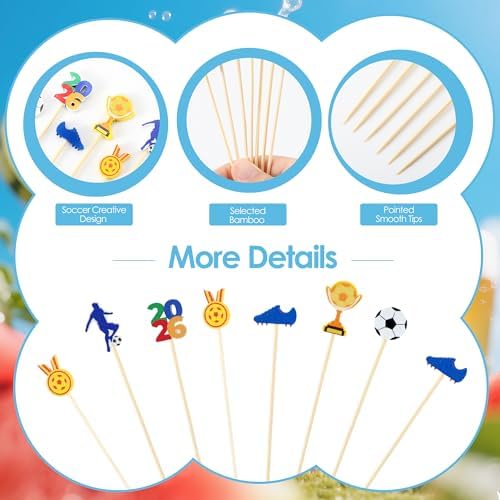 Aodaer 200 Pcs Soccer Cocktail Picks for Appetizers Soccer Toothpicks Long Bamboo Food Picks Fruit Skewers for Drinks Desserts for Game Day Soccer Party Supplies