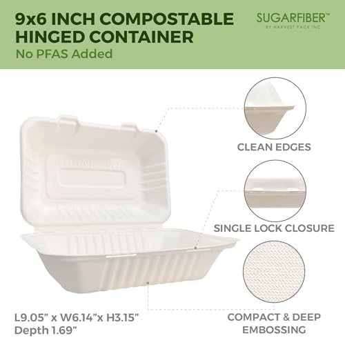 9X6 inch Compostable White Clamshell Take Out Food Containers togo boxes
