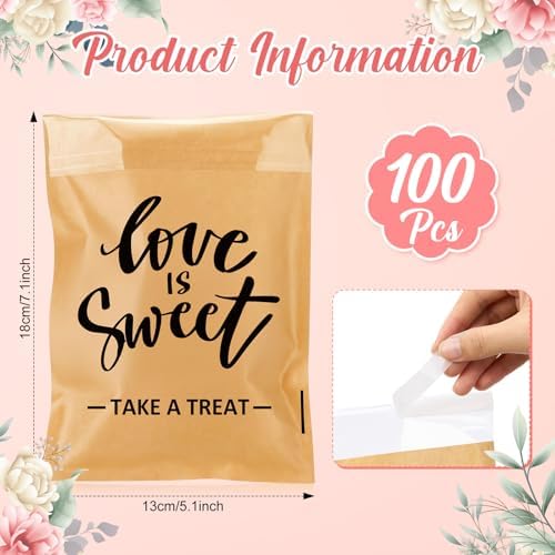 MotiMind 100 Pcs Clear Wedding Cookie Bags, Love Is Sweet Candy Bag
