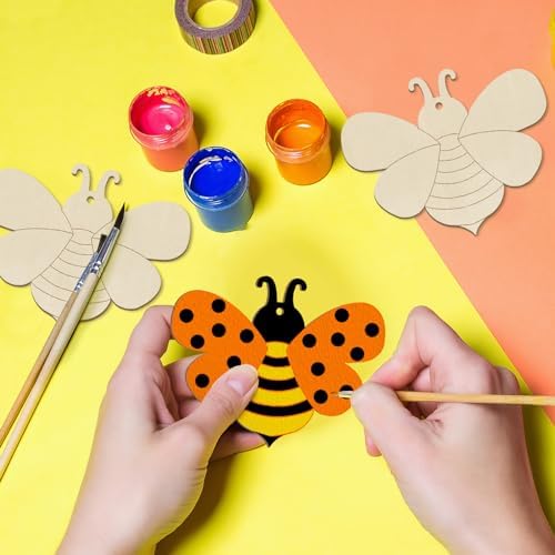 Wooden Spring Ornaments to Paint Bee Decoration Cutouts Unfinished 24PCS 3.5 x 3 inches, DIY Blank Unfinished Bee Wood Discs Ornament for Home Crafts Hanging Summer Decoration