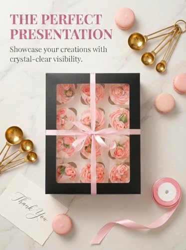 qiqee Auto-pop Up Cupcake Boxes with Window Black 40PCS 12 Count Cupcake Box 13"x10"x3.5" Cupcakes Carrier, 12 Cupcake Containers with 2 rolls of pink ribbons