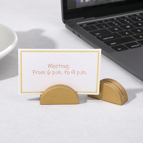 50 PCS Gold Table Number Holders, Wooden Place Card Holders with 50 PCS Cards Semicircular Table Number Stands for Restaurant, Wedding, Birthday Party Plates, Menus and Photos