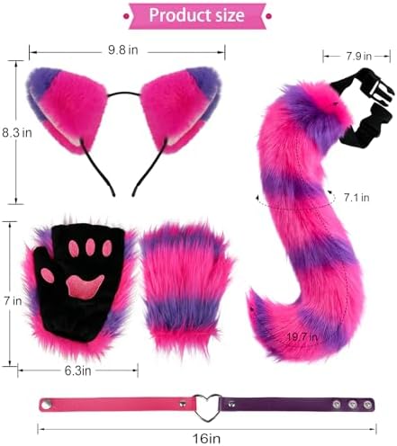 Cat Ears and Tail,Wolf Fox Ears Long Tail and Bell Lace Choker Set for Halloween,Animal Cosplay Party Costume