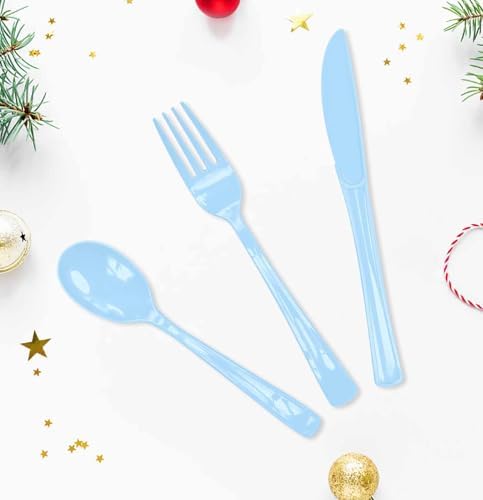 HEIPINIUYE 75 Pack Light Blue Plastic Cutlery Heavy Duty Baby Blue Plastic Knives Forks and Spoons Disposable Silverware Set for 25 Guest Camping Birthday Baby Shower Party Cutlery Set