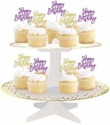 24 PCS Happy Birthday Cupcake Toppers Glitter Happy Birthday Cupcake Picks for Celebrating Anniversary Theme Party Cake Decorations Supplies Gold Purple