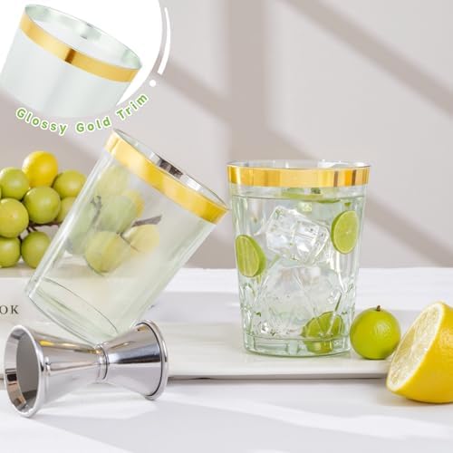supernal 100 Pcs 10 oz Clear Green Plastic Cups,Gold Rimmed Party Tumblers