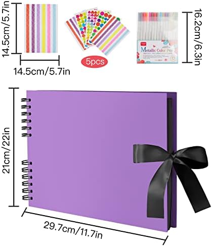 EVNEED Scrapbook Photo Album DIY Scrap Book Black Pages for Wedding Guest Book Anniversary Valentines Day Gifts with 15 Marker Paint Pens,80 Pages,Purple (40 Sheets)
