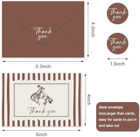 JarThenaAMCS 24Pcs Cowboy Thank You Cards with Envelopes Stickers Western Greeting Cards Beige Brown Striped Blank Note Card for Cowboy Birthday Country Party Supplies