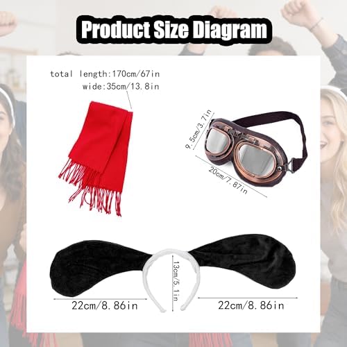 MORTICIA 3pcs Halloween Cosplay Dog Costume Accessories Set with Aviator Goggles, Black Ears Headband, Red Scarf, Cosplay Animal Theme Party and Festival Activities Dress Up Kit for Adults Women