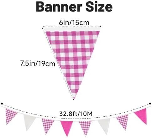 G2PLUS Pink and White Gingham Fabric Bunting Banner, 32Ft Cotton Burlap Triangle Garland for Mother’s Day, Wedding, Birthday, Carnival, Picnic, BBQ & Outdoor Events