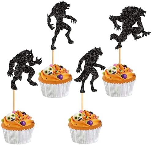 Ercadio 24PCS Werewolf Cupcake Toppers - Black Glitter Halloween Party Decorations for Wolf Birthday Cake Supplies