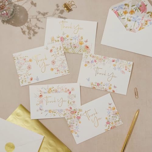 100 Floral Thank You Cards With Envelopes & Stickers - Pretty Wildflower & Gold Foil Assorted Greeting Notes pack for Wedding, Baby & Bridal Shower - Cute 4x6 Large Blank Flower Bulk Box Set