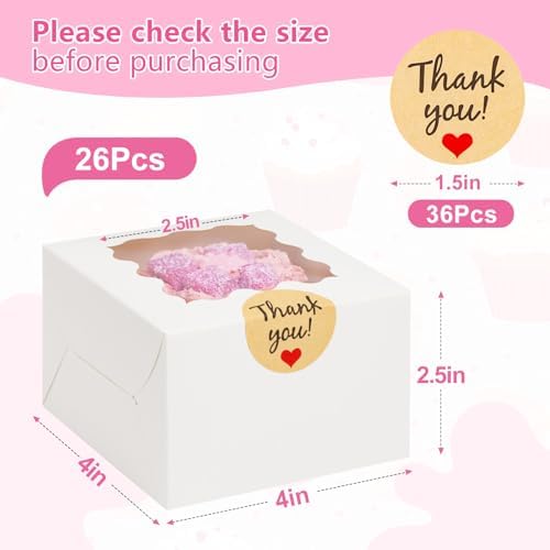 26pcs White Cookie Boxes with Window, 4x4x2.5 Inch, 36pcs Stickers