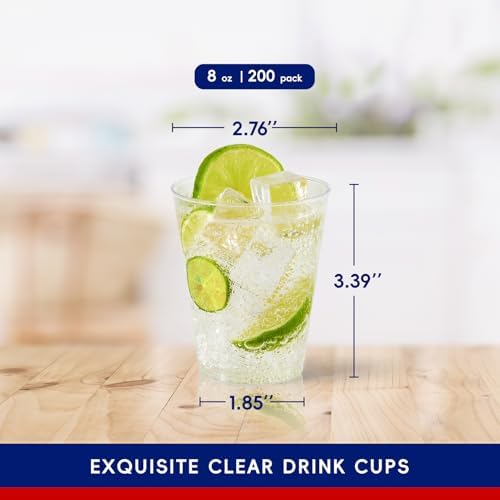 JOLLY CHEF 8 oz Clear Disposable Plastic Cups, 200 Pack Heavy-duty Clear Plastic Cups Perfect for Wedding, Thanksgiving, Christmas, Halloween Party