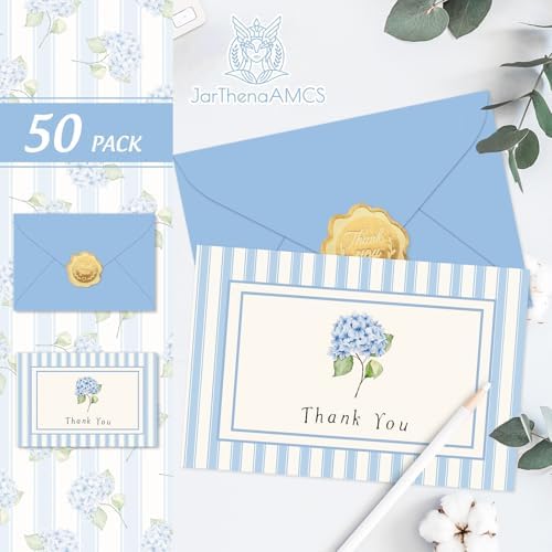 JarThenaAMCS 50 Pack Hydrangea Thank You Cards White Blue Floral Stripe Greeting Cards with Envelopes Stickers Blank Note Card for Wedding Bridal Baby Shower Birthday Party, 4 x 6 Inch