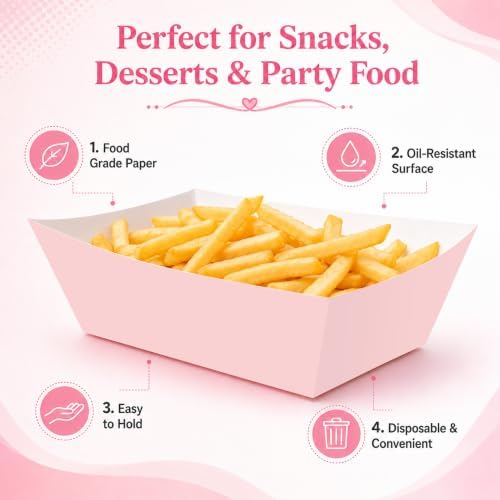 100 Pcs Pink Paper Food Trays, Pre-Folded Disposable Snack Boats for Popcorn, Candy, Fries, Nachos, Desserts, Pink Party Supplies for Birthday, Baby Shower, Bridal Shower, Dessert Table