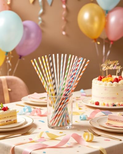 qiqee 200-pack Multi Stripe Rainbow Drinking Paper Straws Disposable Straws Bulk (20-Multi Color)