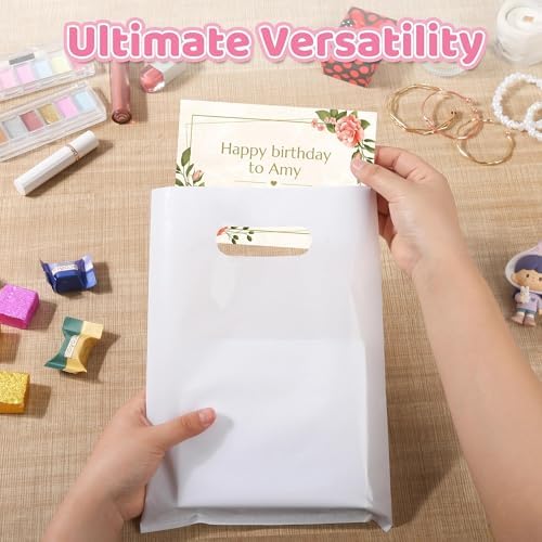 VieFantaisie 50 PCS White Party Favor Bags, 8" x 11" Goodie Bags for Candy Treat Craft Easter Egg, Plastic Gift Bag with Die Cut Handles for Birthday Party, School Events & Small Business, Wedding