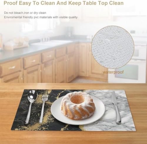 Black and Grey Placemats Set of 6, 12x18 Inch Abstract Modern Marble Pattern Printed Golden Stripe Linen Coffee Table Mats for Party Kitchen Dining Decoration