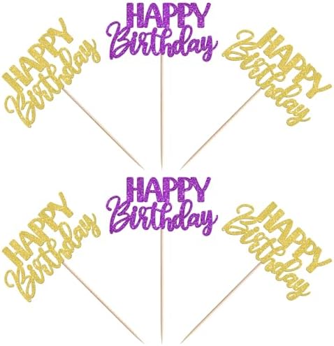 30 PCS Happy Birthday Cupcake Toppers Glitter Happy Birthday Cupcake Picks for Celebrating Anniversary Theme Christmas Party Cake Decorations Supplies Gold Purple