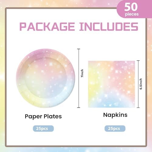 50Pcs Pastel Plates and Napkins Party Supplies, Disposable Rainbow Theme Birthday Paper Plates Napkins Tableware Set for Baby Shower Weddings Birthday Party Decorations (Pastel)