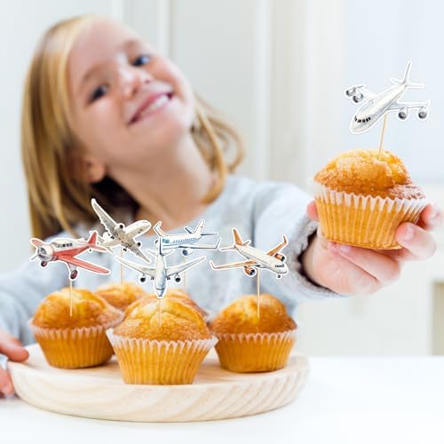 Hooqict 40Pcs Airplane Cupcake Toppers Airplane Birthday Cake Topper Decorations Cupcake Picks for Plane Themed Party Decorations Travel Around the World Party Supplies
