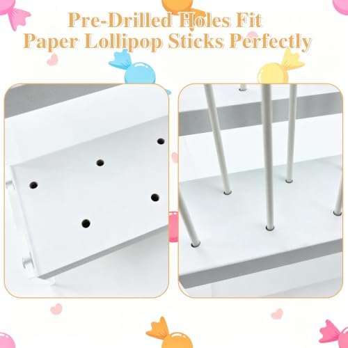 1Pcs Wood & Acrylic Cake Pop Stand Display, 3 Tier White Lollipop Holder with 100 Lollipop Sticks, 57 Holes Popsicle Display Rack for Birthday, Wedding, Baby Shower Party Table Decor