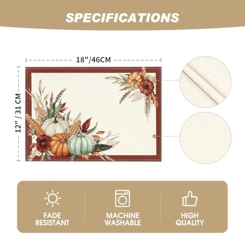Artoid Mode Pumpkin Corn Leaves Fall Placemats Set of 4-12 x 18 Inch