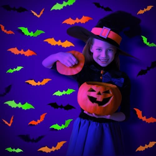 LOLStar Glow Halloween Bat Stickers, Neon Bat Wall Decals, 72PCS, 4 Sizes